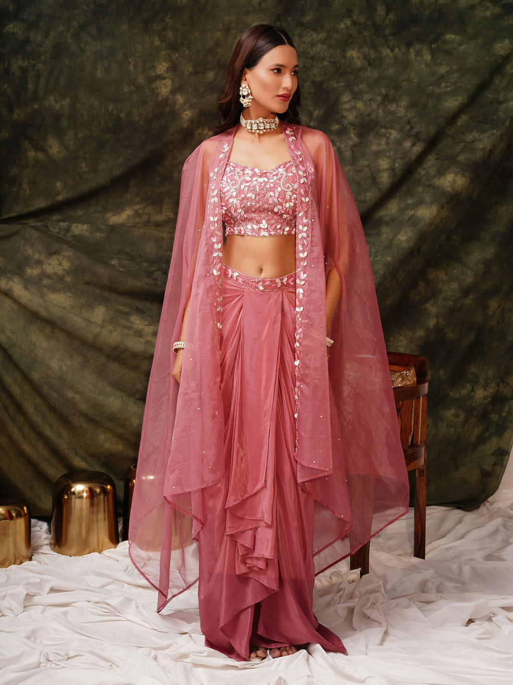 Pink Pure Crepe Handwork Top with Skirt & Shrug - Naomika
