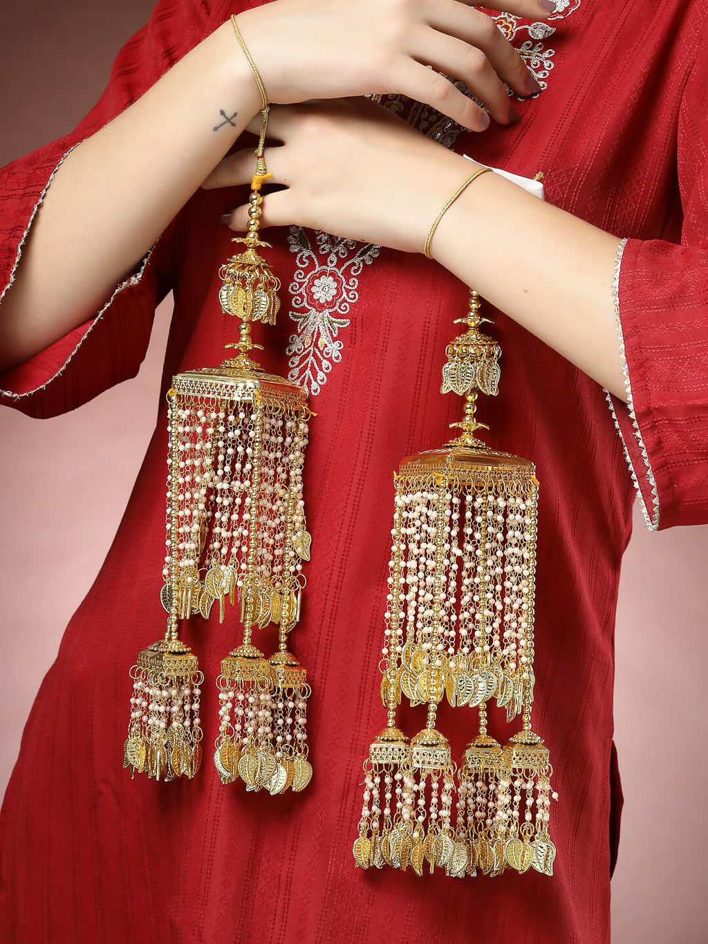 NVR Women's Pack Of 2 Gold-Polished & White Pearl Beaded Bridal Heavy Kaleera Sets