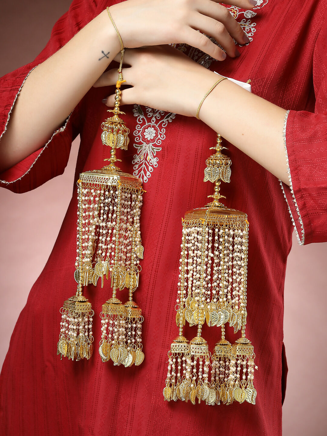 NVR Women's Pack Of 2 Gold-Polished & White Pearl Beaded Bridal Heavy Kaleera Sets