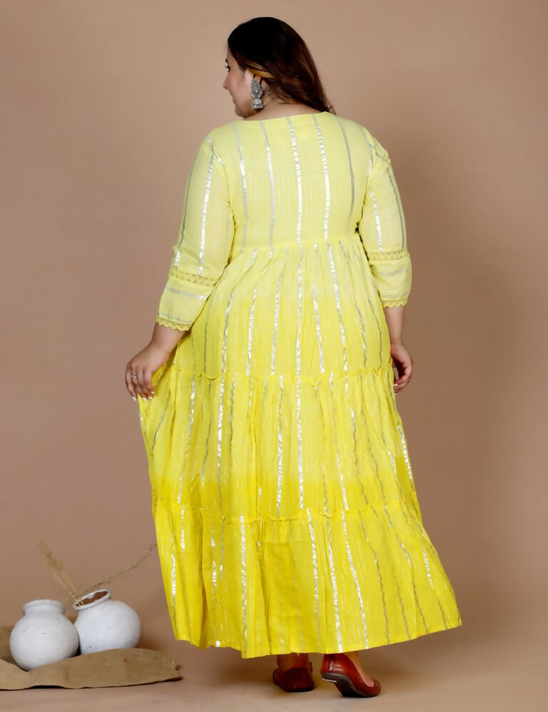 Miravan Women's Plus Size Cotton Embroidery And Lace Work Yellow Party Wear Anarkali Kurta