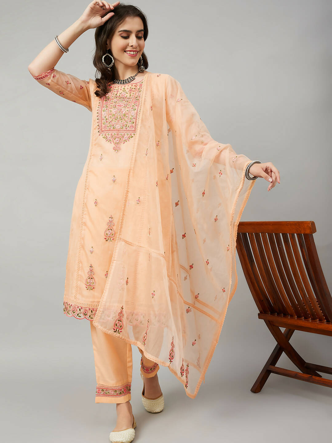 Orange Organza Embroidered Kurta with Bottom & Dupatta - Salimar