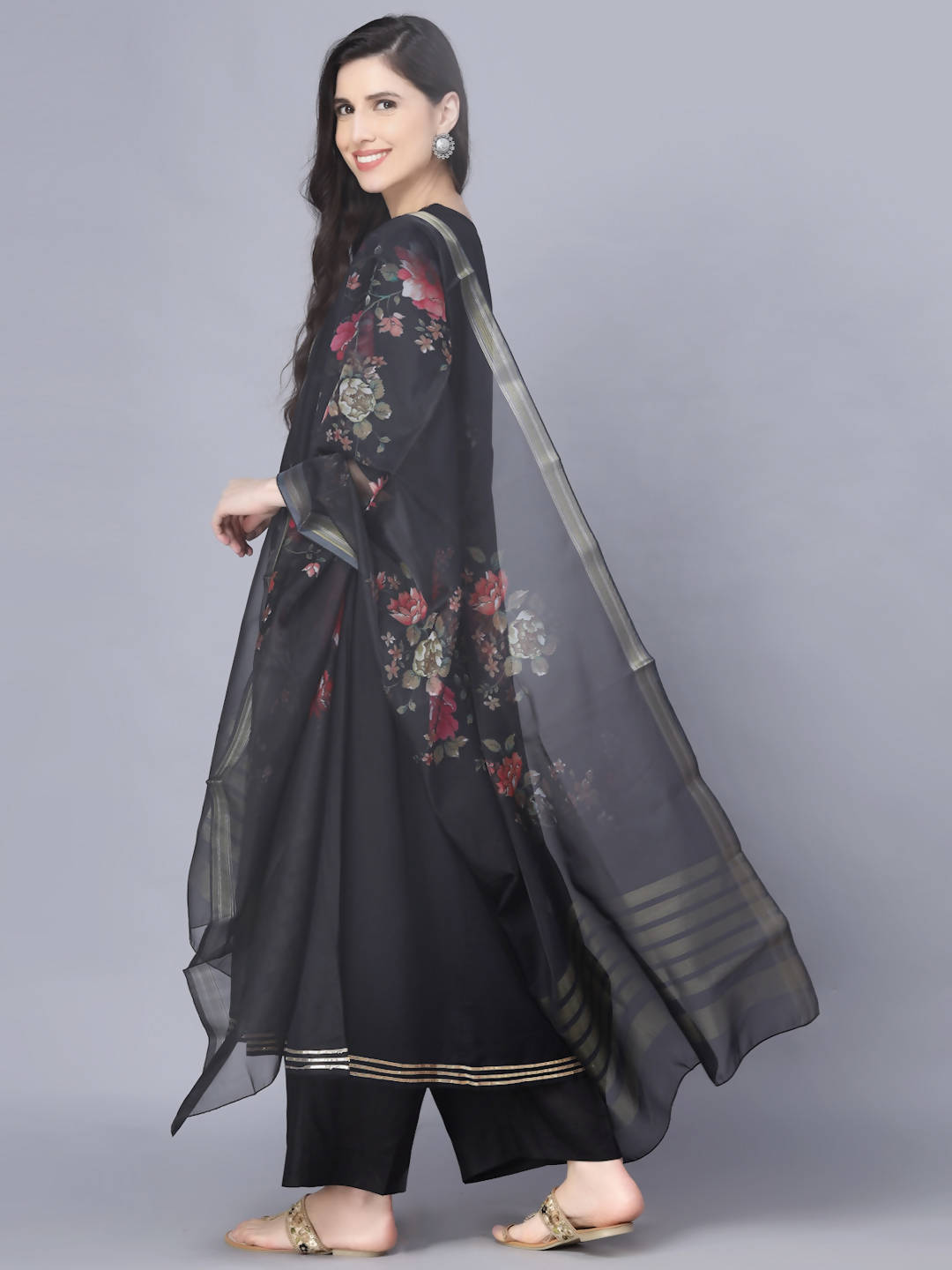 Myshka Women Black Printed Kurta with Dupatta