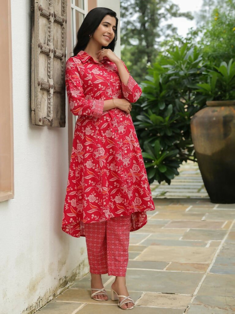Aramya High Low Soft Cotton Floral Print Women's Kurta - Red
