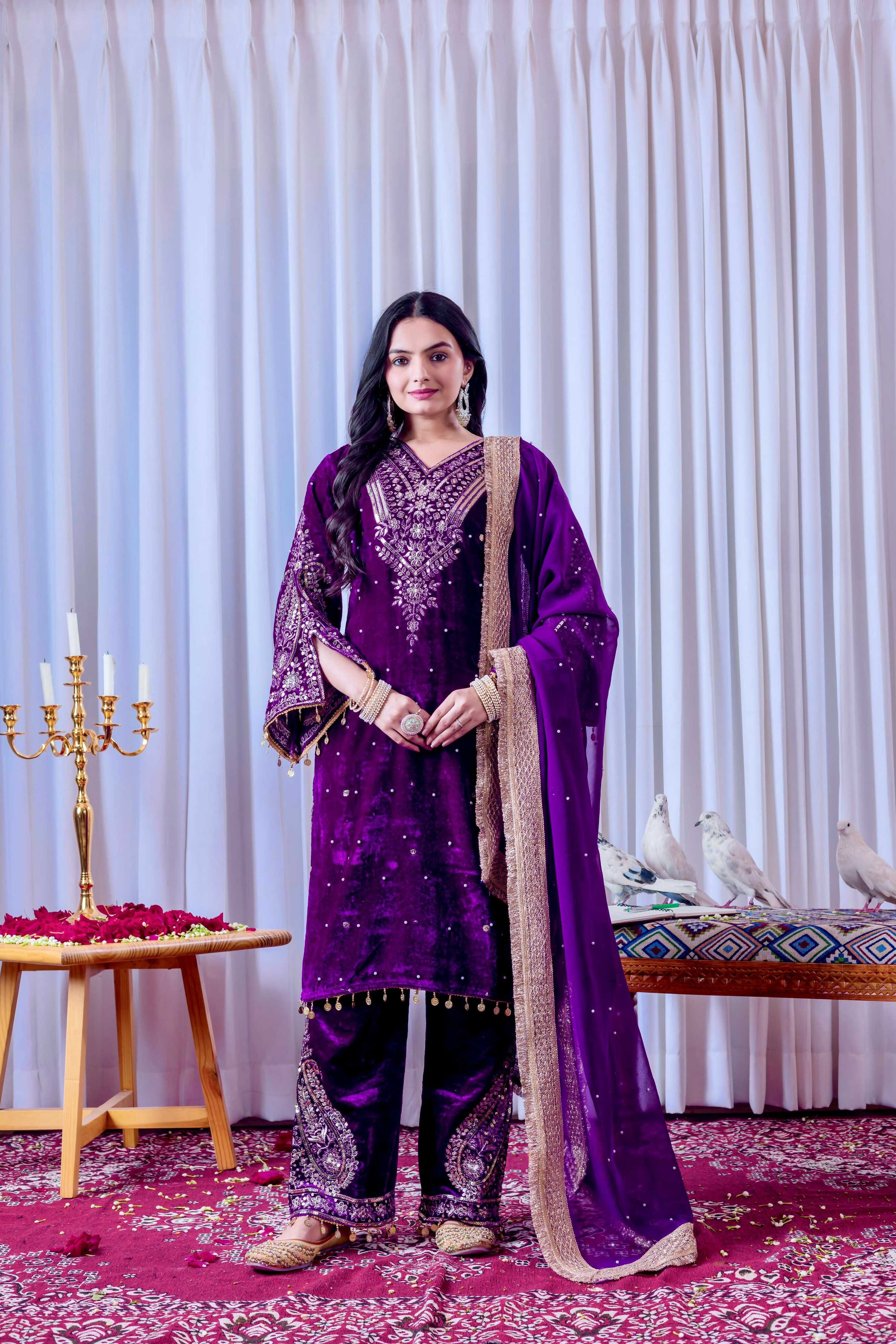 Joban Fashion Royal Purple Velvet Embroidery Kurta Set