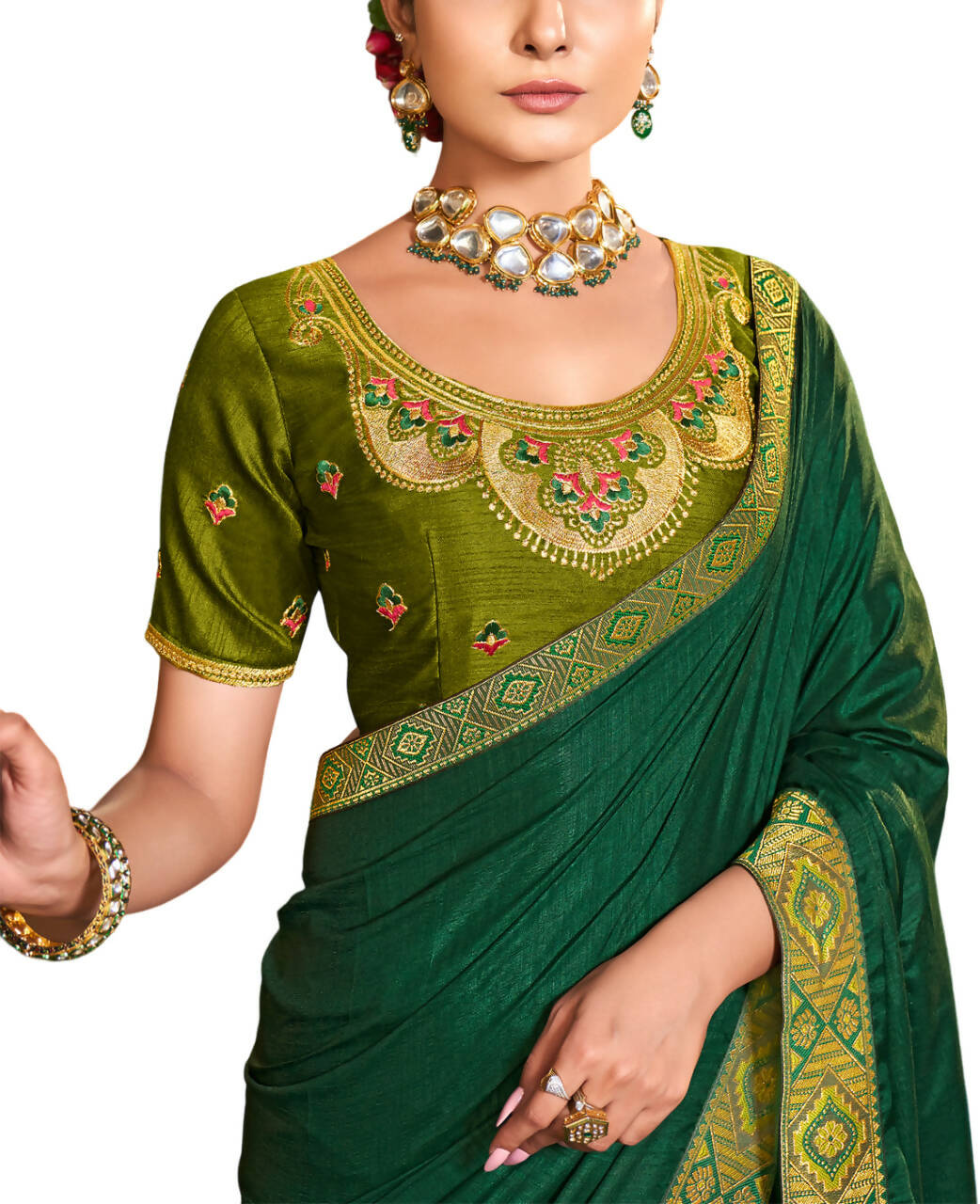 Green Solid Vichitra Saree With Unstitched Blouse Piece - Selena
