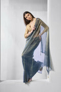 Blue Gold Tissue Net Solid & Gold Cotted Saree - Samaa