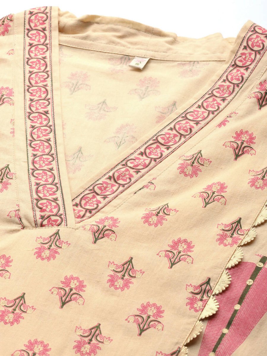 Ahalyaa Women Cream-Coloured & Pink Floral Print Pure Cotton Anarkali Kurta with Palazzos