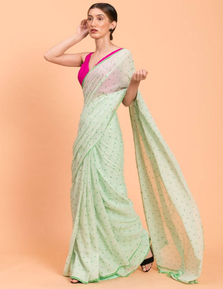 Suta Lime Green Polka Printed Pure Cotton Saree