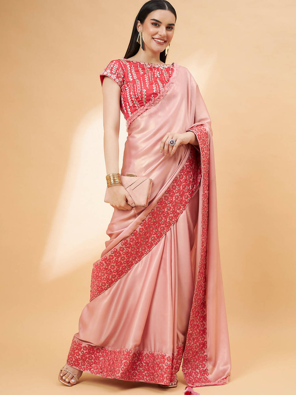 Light Pink Satin Georgette Laser Cut Floral Embroidery , Resham, Zari And Cord Embroidery Saree - Norita Hit Design
