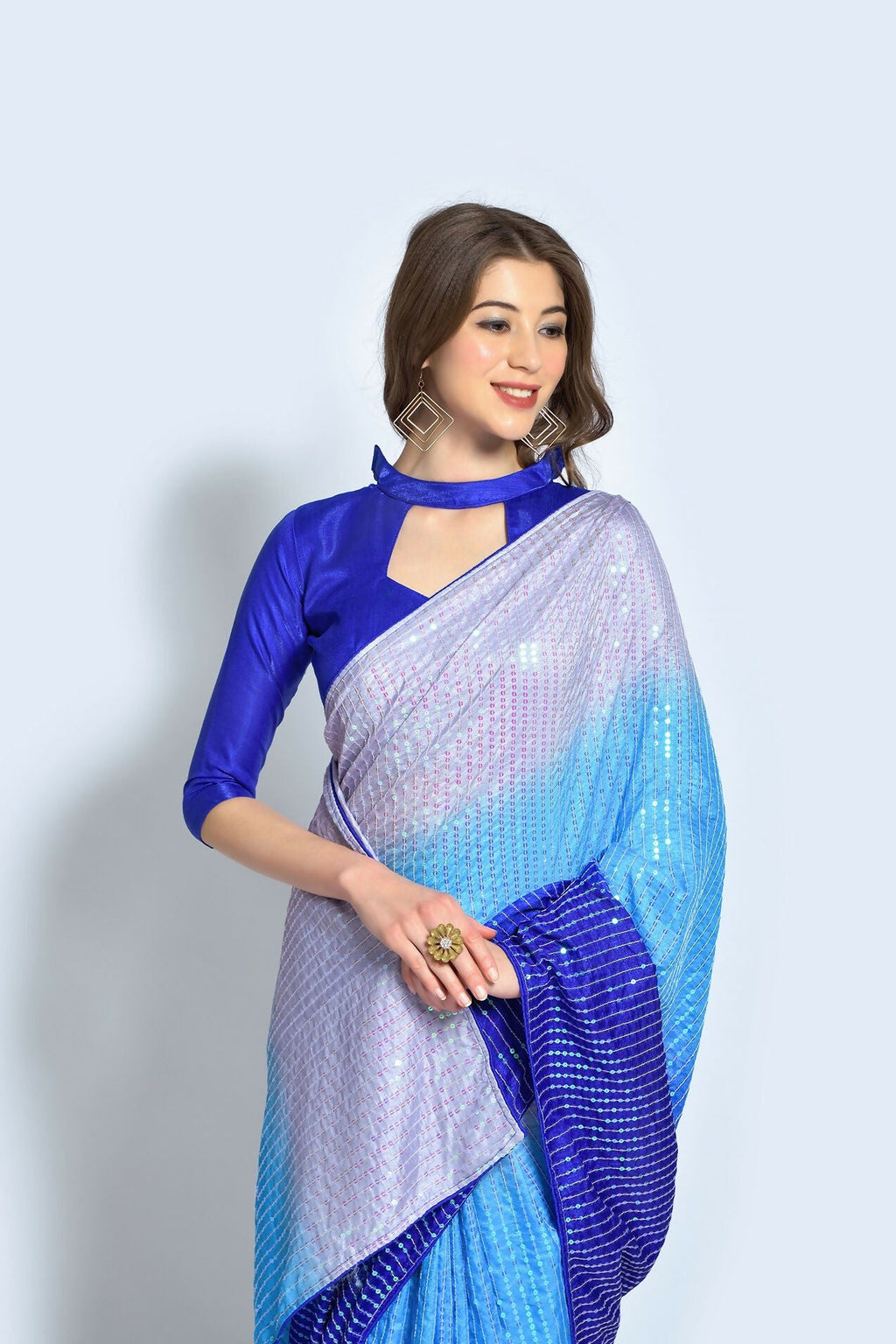 Vegaa Fashion Blue Vichitra Silk Embroidered Party Wear Saree