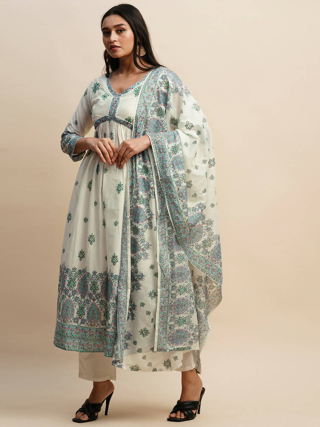 White And Blue Pure Cotton Floral Printed Anarkali Kurta And Bottom With Dupatta - Akashara