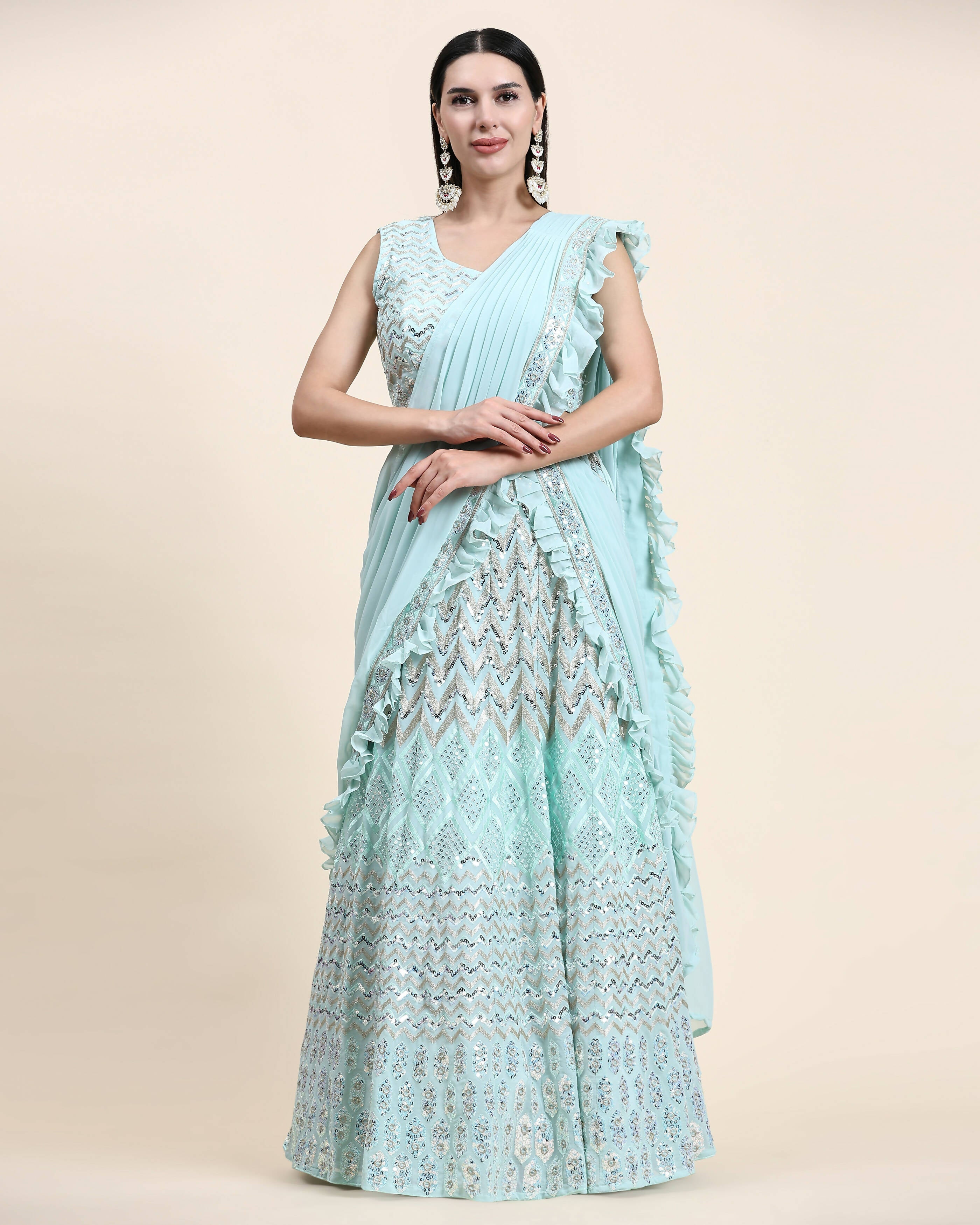 Sky Blue Pure Viscose Georgette Thread With Sequins Embroidery Work Lehenga Choli With Dupatta - Tanya