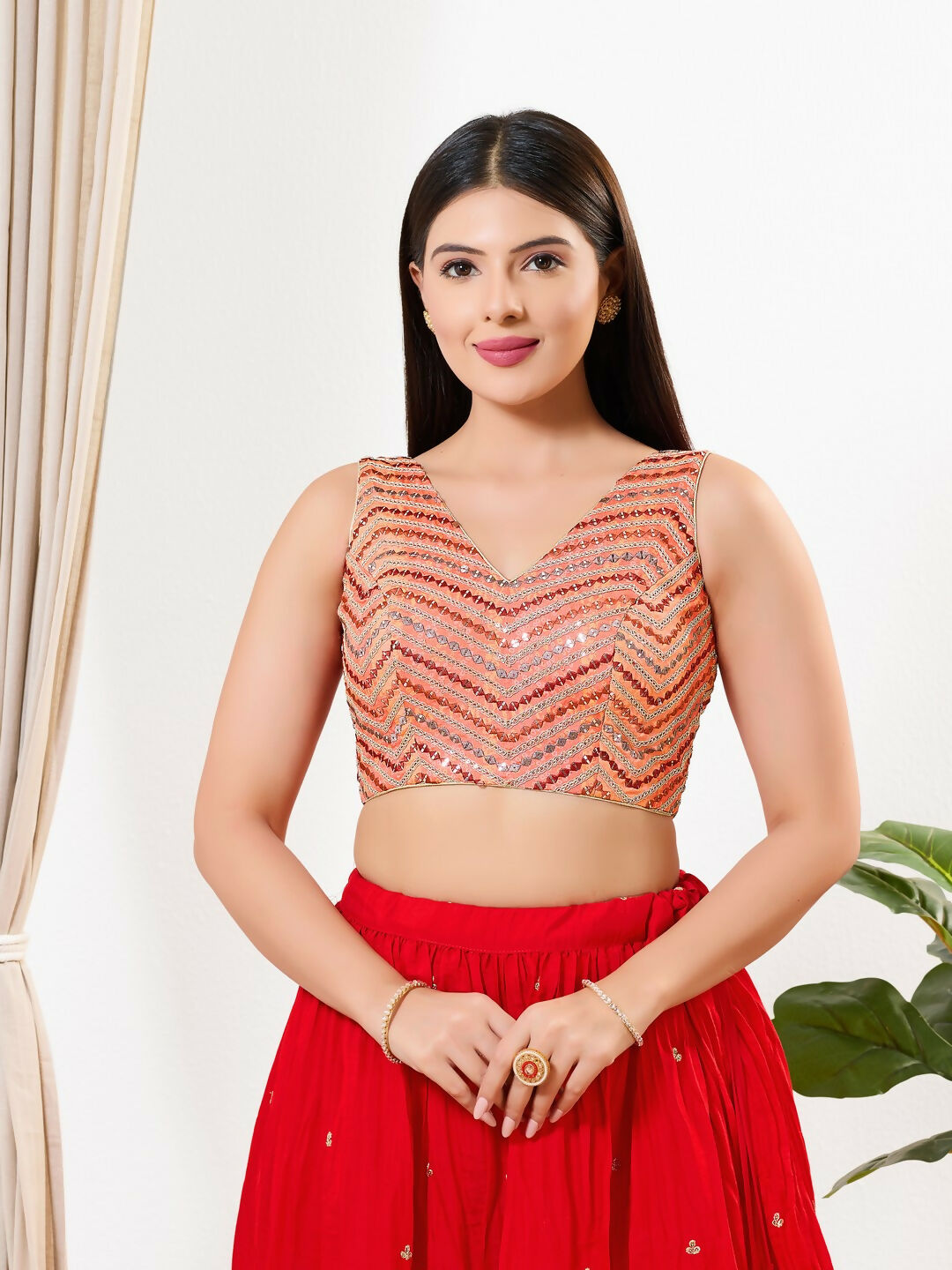 Joban Fashion Light Red Silk Padded Blouse With V Neck Sleeveless