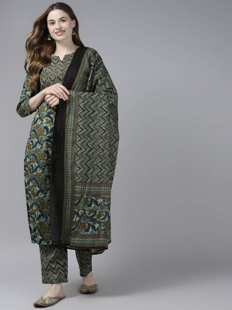Yufta Women Olive Green Floral Yoke Design Pure Cotton Kurta with Palazzo and Dupatta