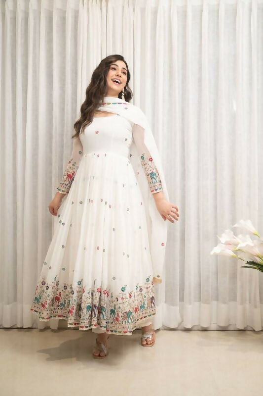 Joban Fashion White Georgette Sequence Embroidery Work Readymade Kurta Set