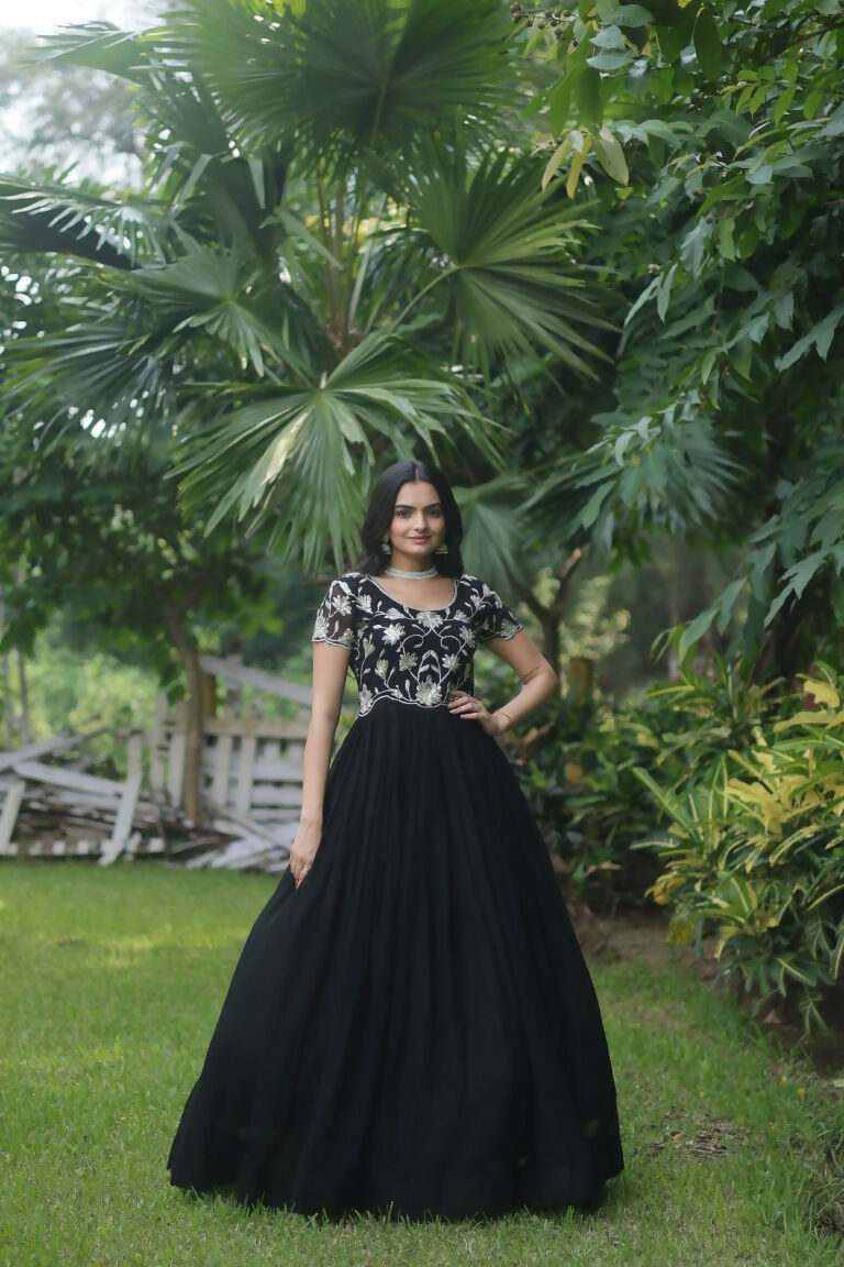 Jyoti Fashion Women's Black Sequins Embroidered Faux Georgette Anarkali Dress