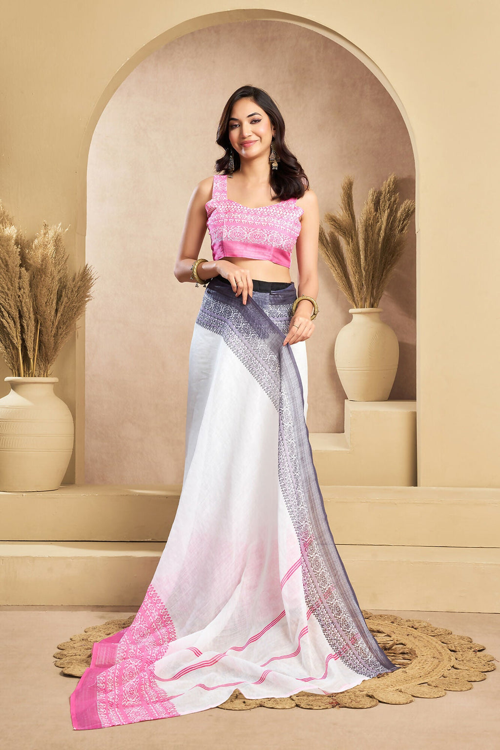 Vastranavya White Digital Printed Linen Ready To Wear Designer Saree with Unstitched Blouse