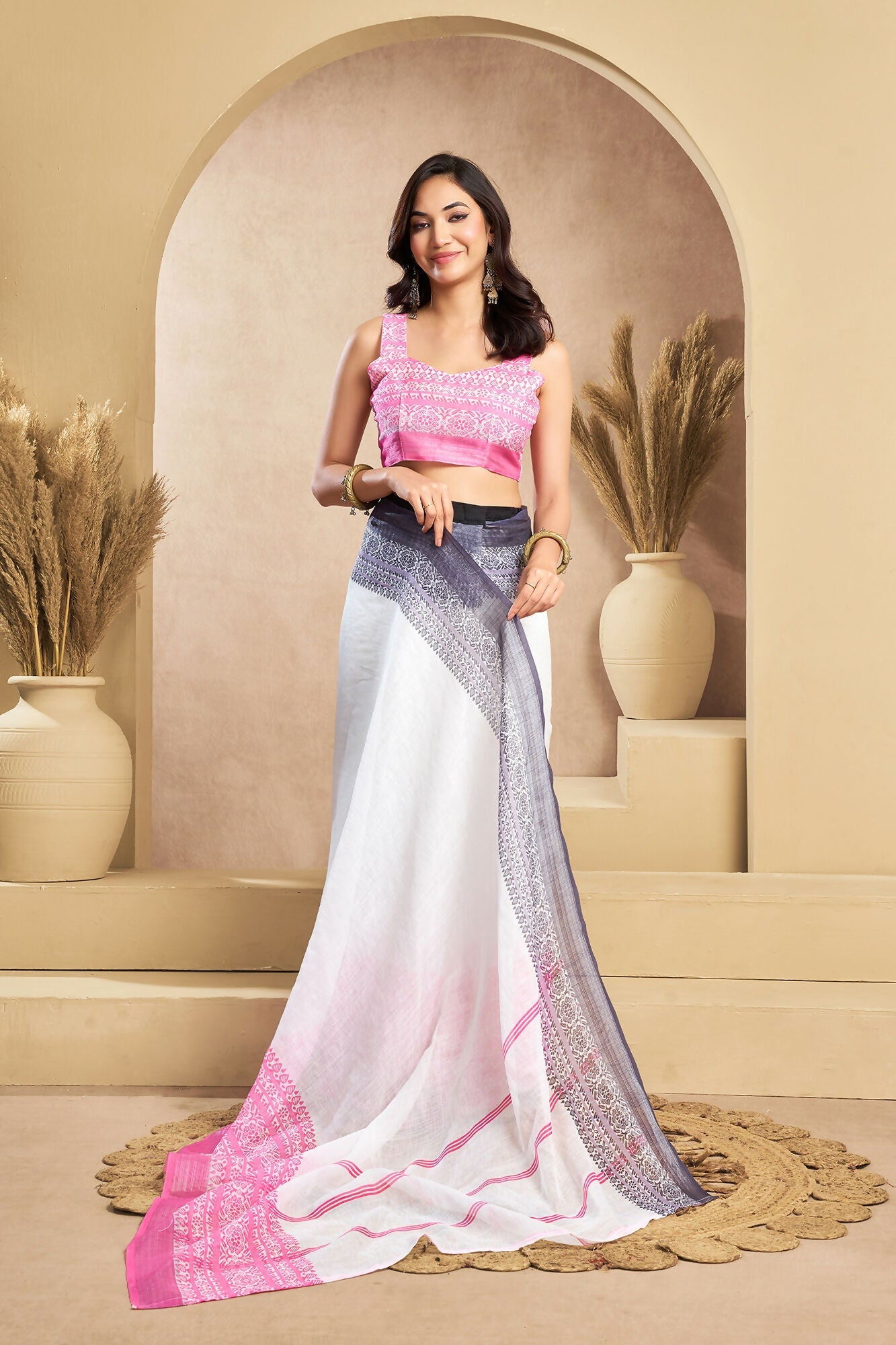 Vastranavya White Digital Printed Linen Ready To Wear Designer Saree with Unstitched Blouse