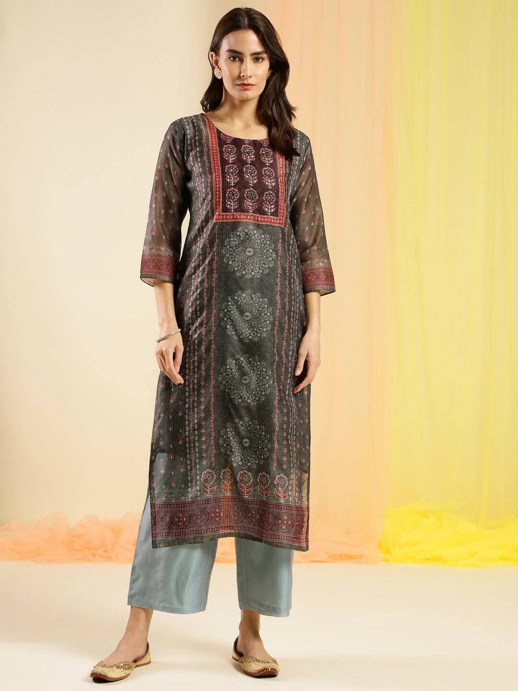 Dark Green Chinon Digital Printed With Hand Work Kurta - Himanshi