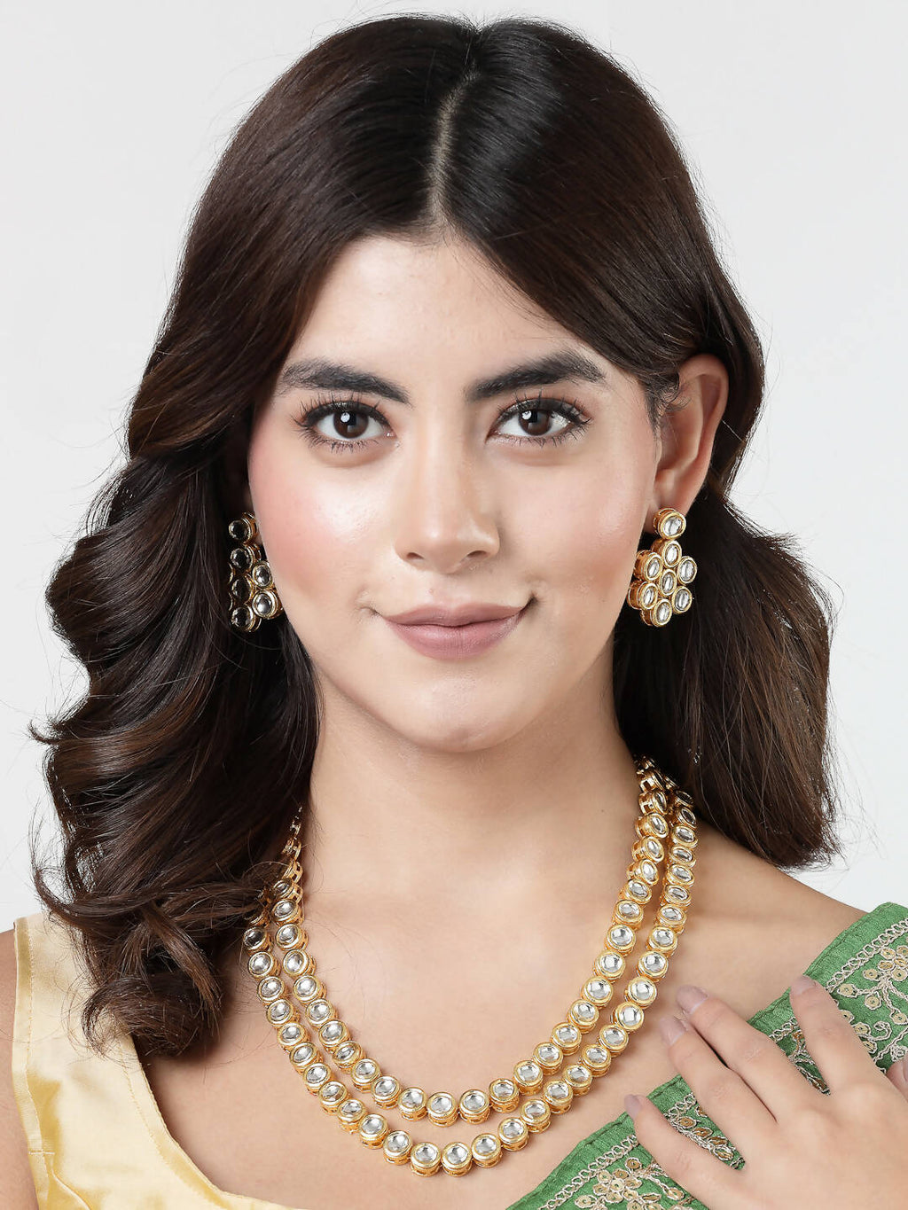 NVR Women's Gold-Polished Kundan 2 Layered Handcrafted Jewellery Sets With Drop Earrings