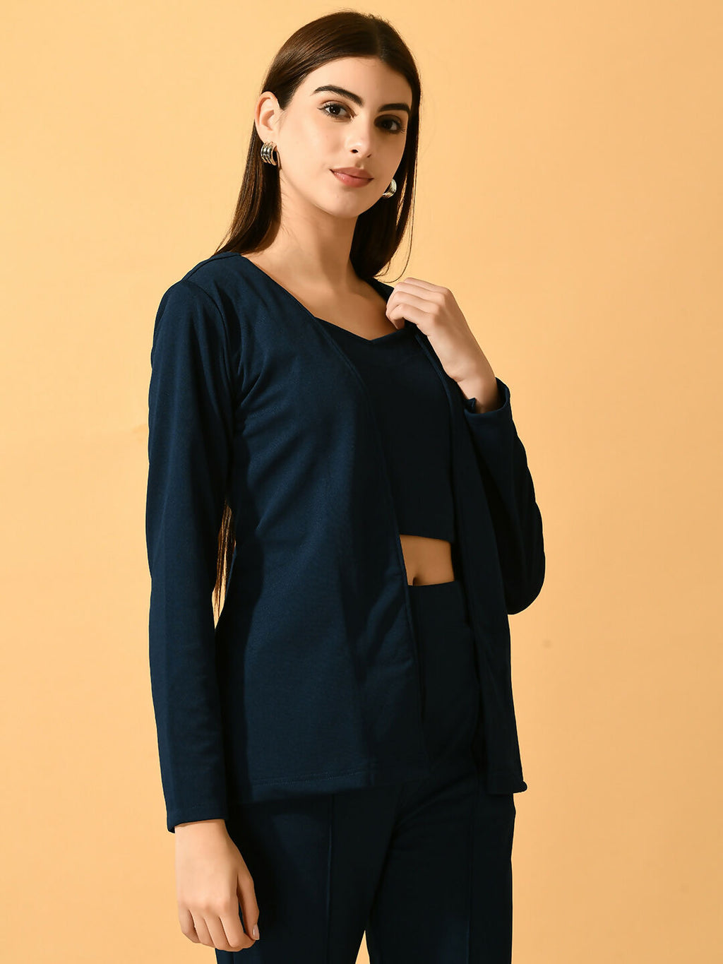 Myshka Women's Navy Blue Solid Coat With Trousers