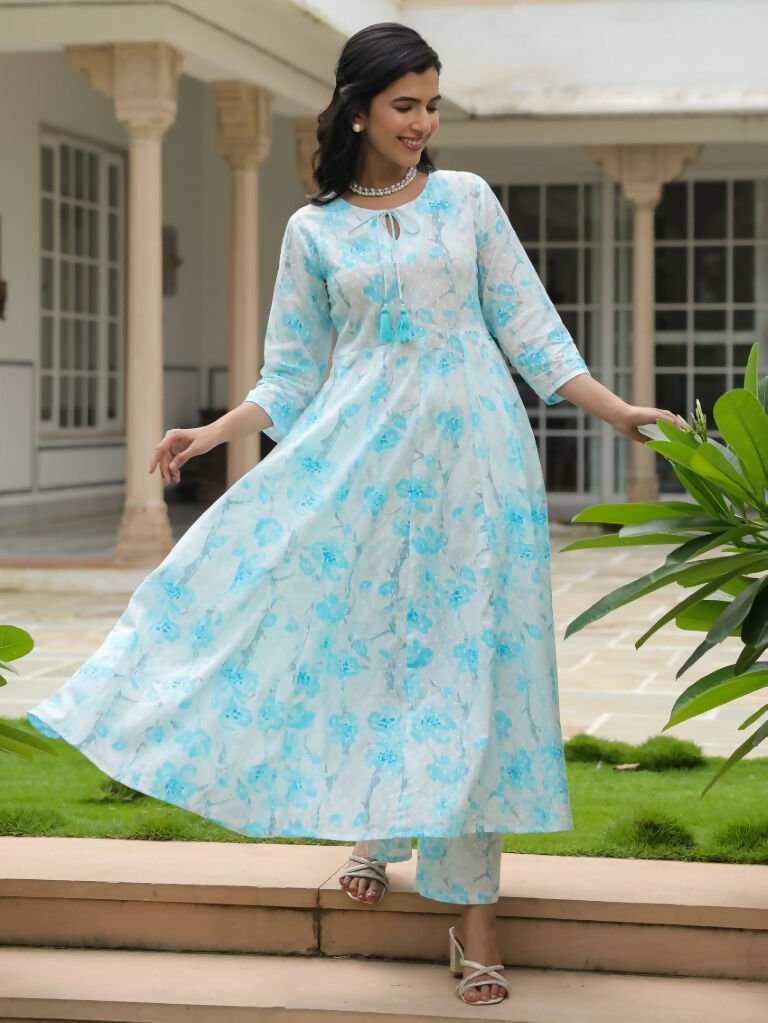 Aramya Flared Textured Cotton Floral Print Women's Kurta - White