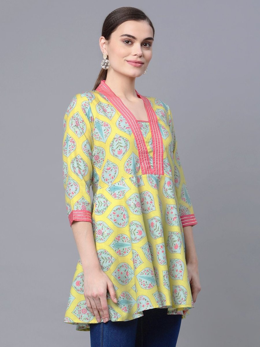Ahalyaa Women Cotton Blend Lemon Yellow Digital Printed Tunic