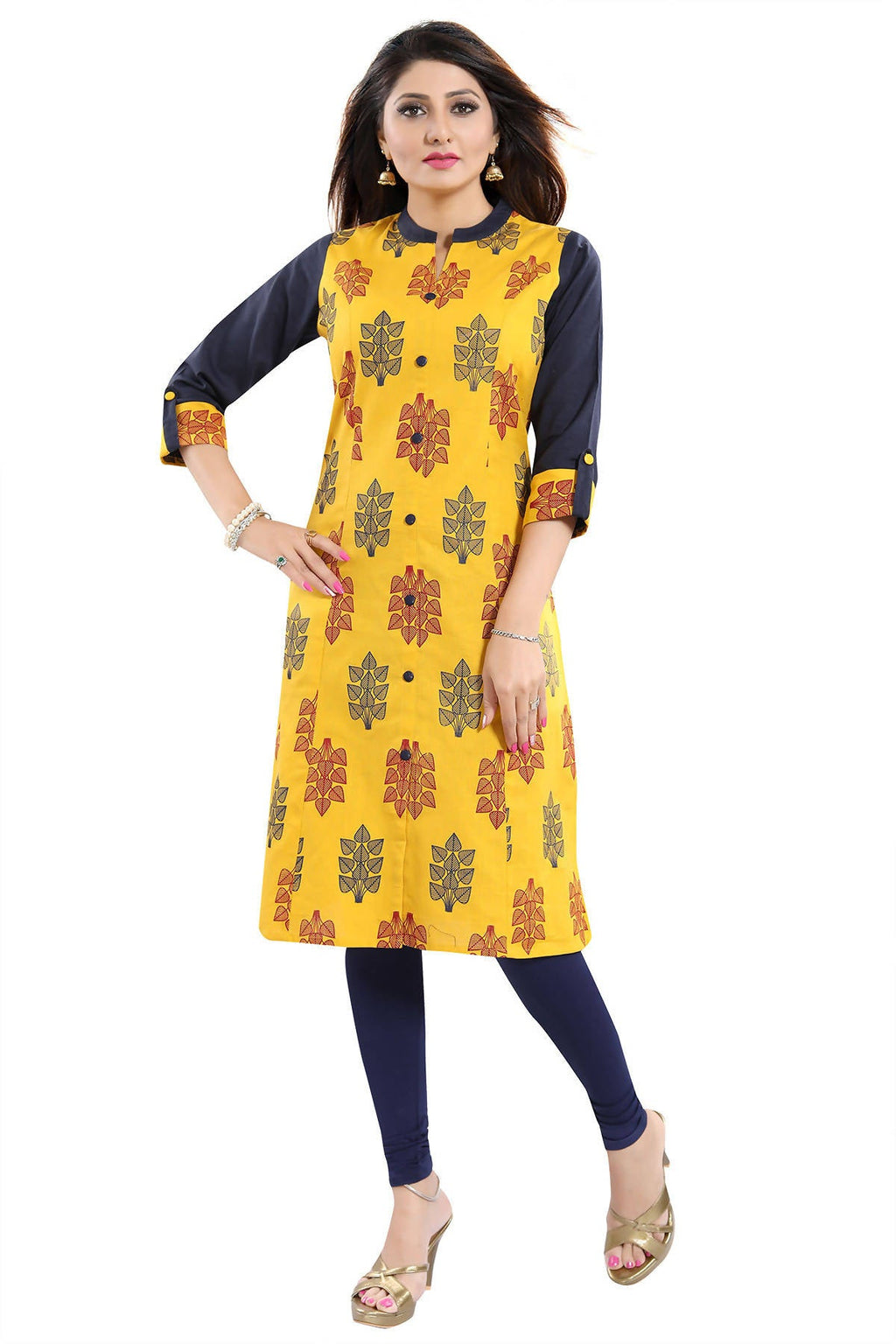 Snehal Creations Luscious Lemon Yellow Shirt Style Cotton Printed Tunic