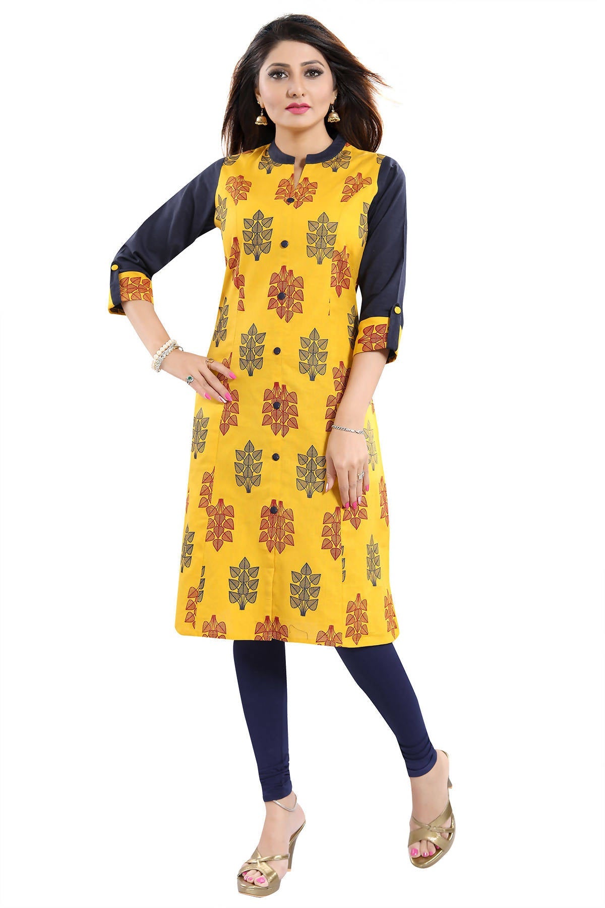 Snehal Creations Luscious Lemon Yellow Shirt Style Cotton Printed Tunic