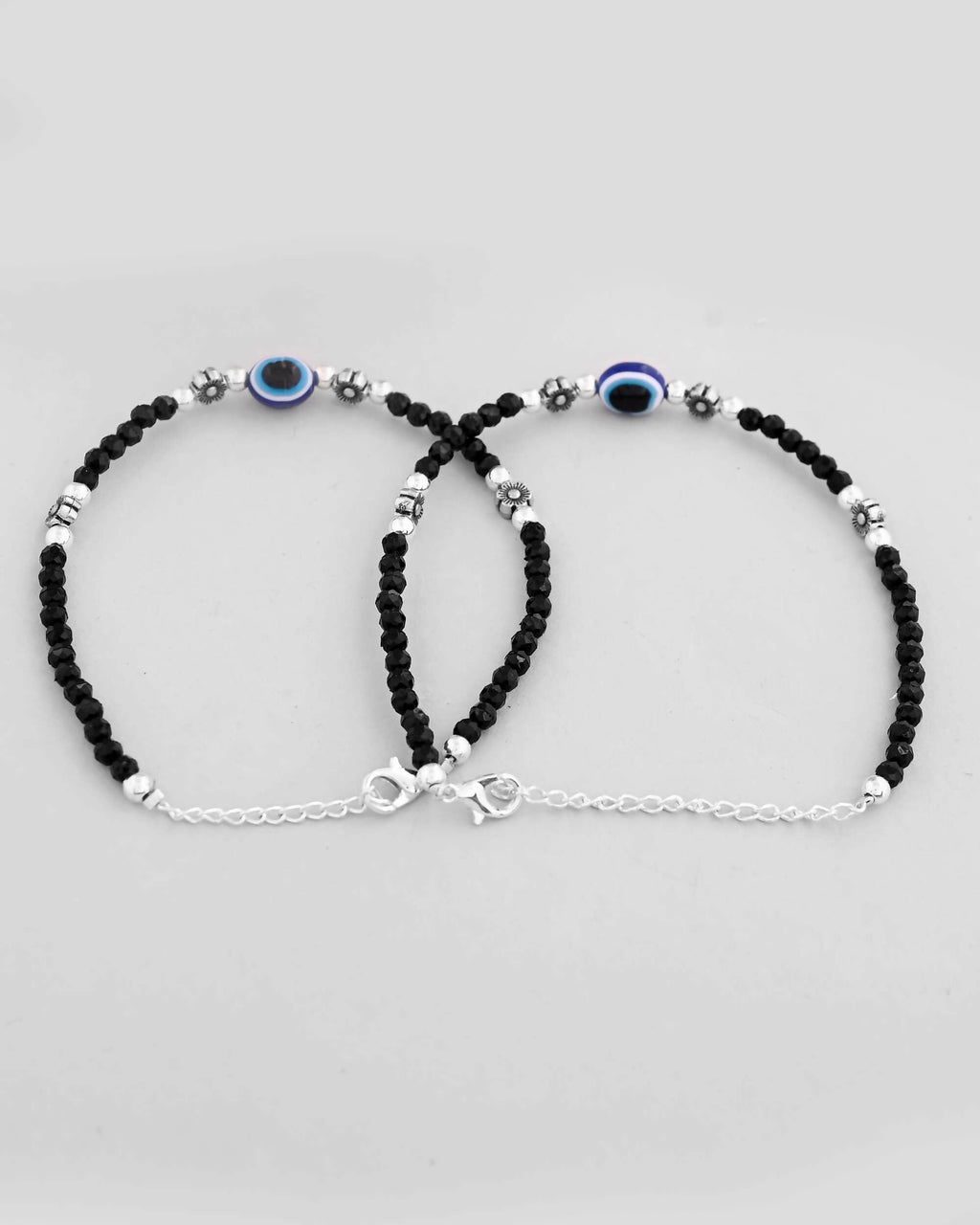 VOJ Set of 2 Evil Eye Black with Flower Shaped Beads Anklet