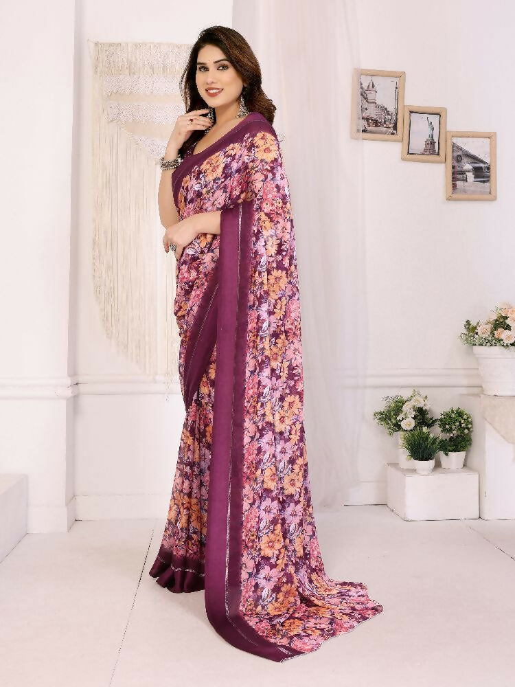 PR Fashion Purple Bright Moss Satin Patta Printed Saree