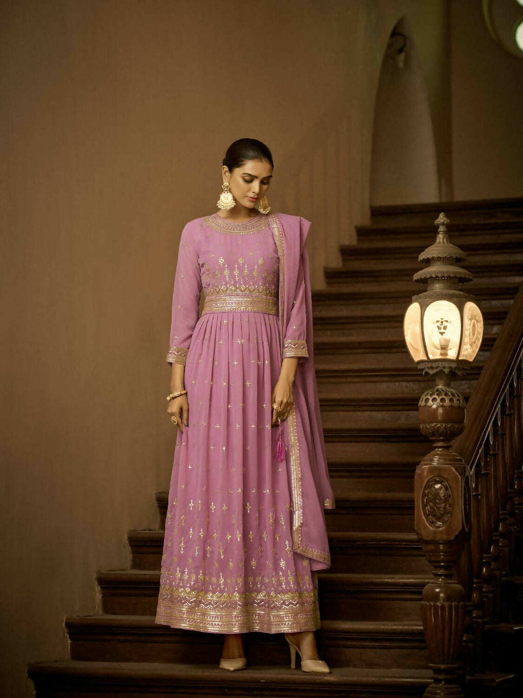 Lavender Heavy Faux Georgette Anarkali Embroidered Kurta Set - Dhvani