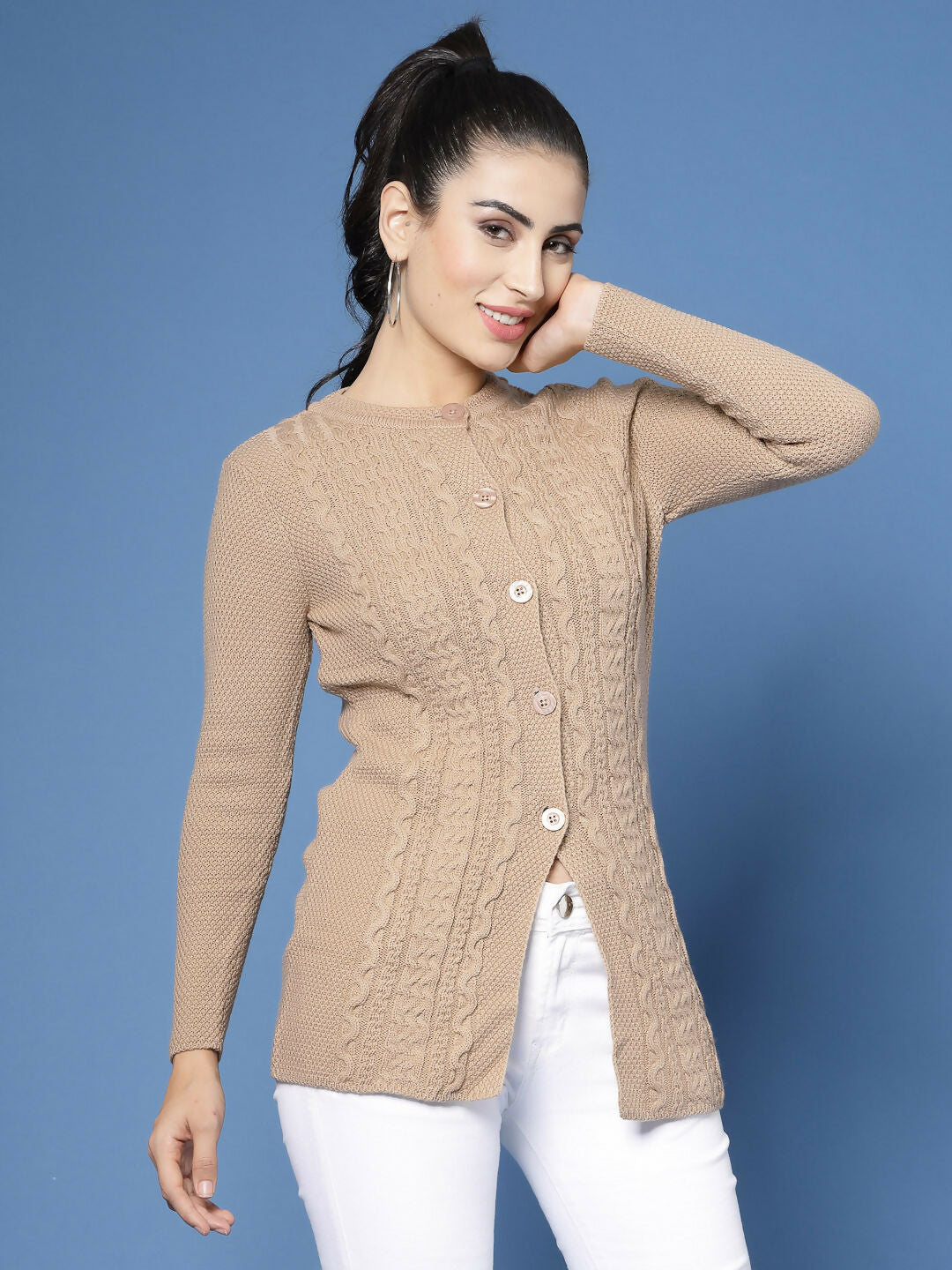 Women Self Design Camel Brown Acrylic Winter Cardigan - Wool Trees