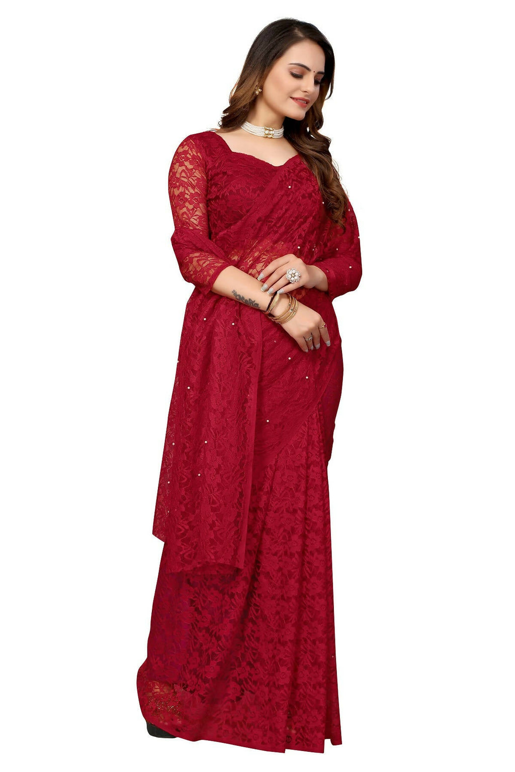 Vamika Maroon Pearls Net Saree
