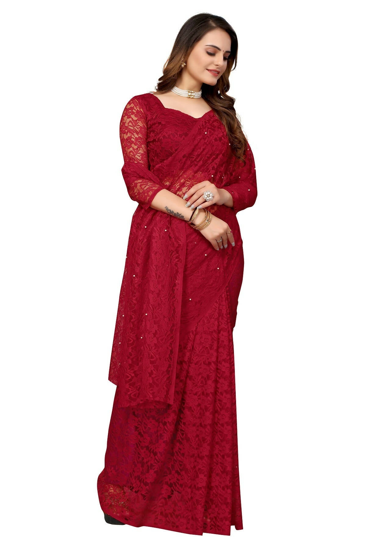 Vamika Maroon Pearls Net Saree