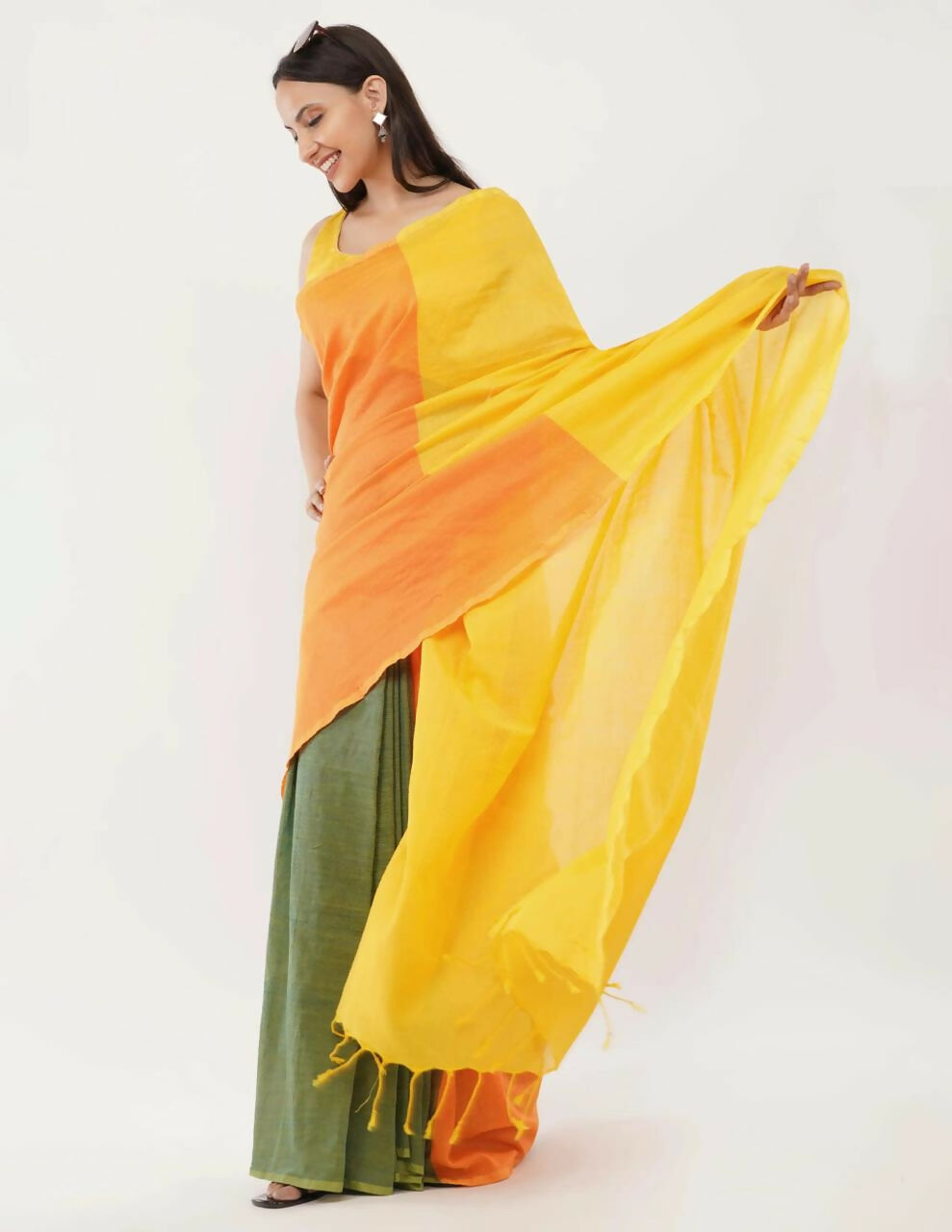 Exclusive Collection Beautiful Khadi Cotton Yellow Orange Green Handloom Saree