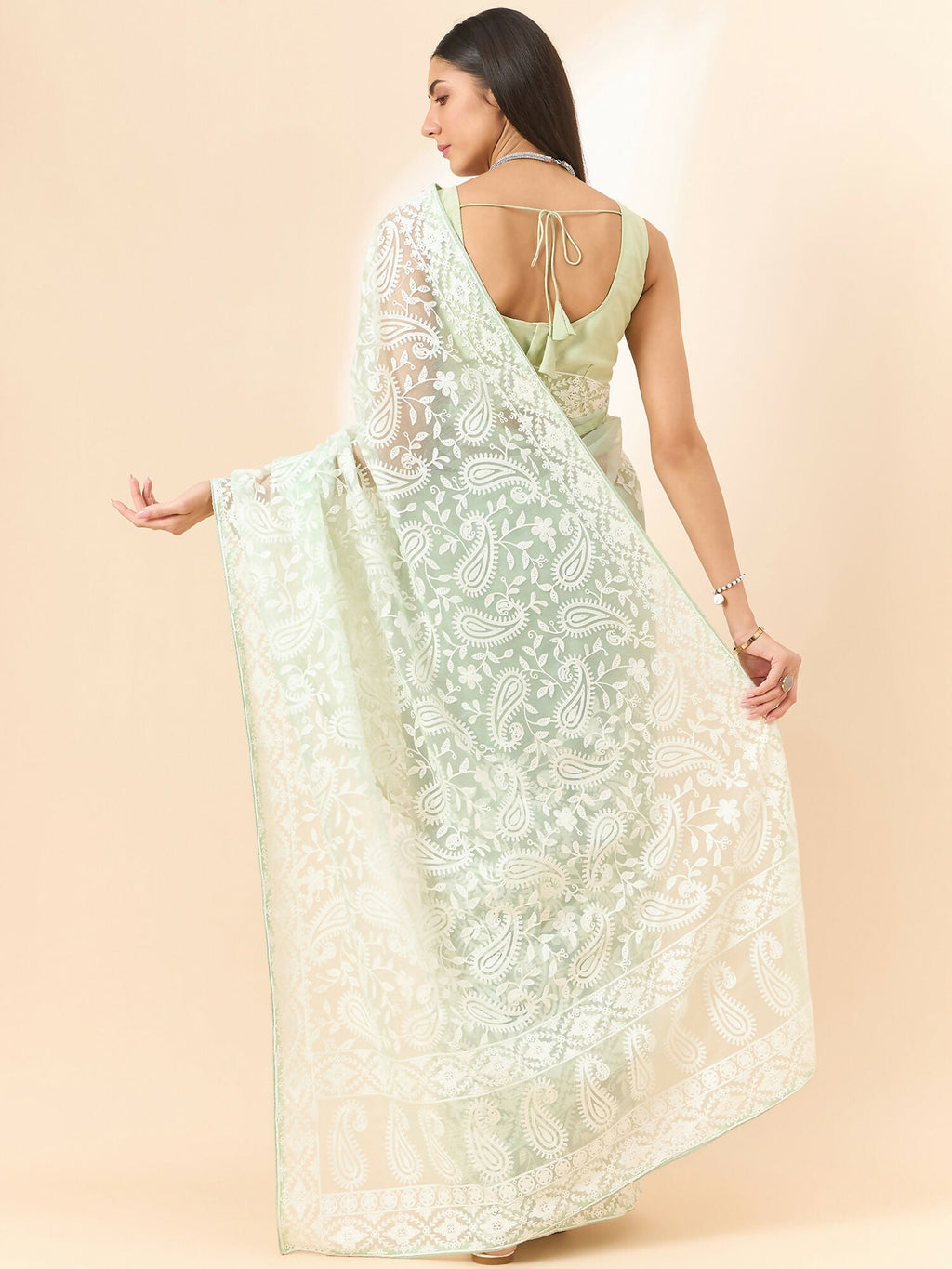 Green Organza Paisely Embroidered Saree with Unstitched Blouse Piece - Roozal