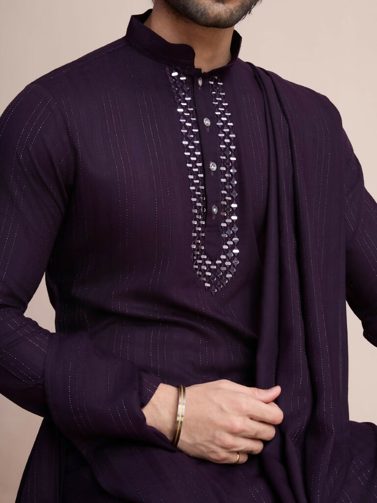 Vastranavya Traditional Festival Wear Viscose Thread & Sequence Embroidered Work Kurta Pant Set - Purple