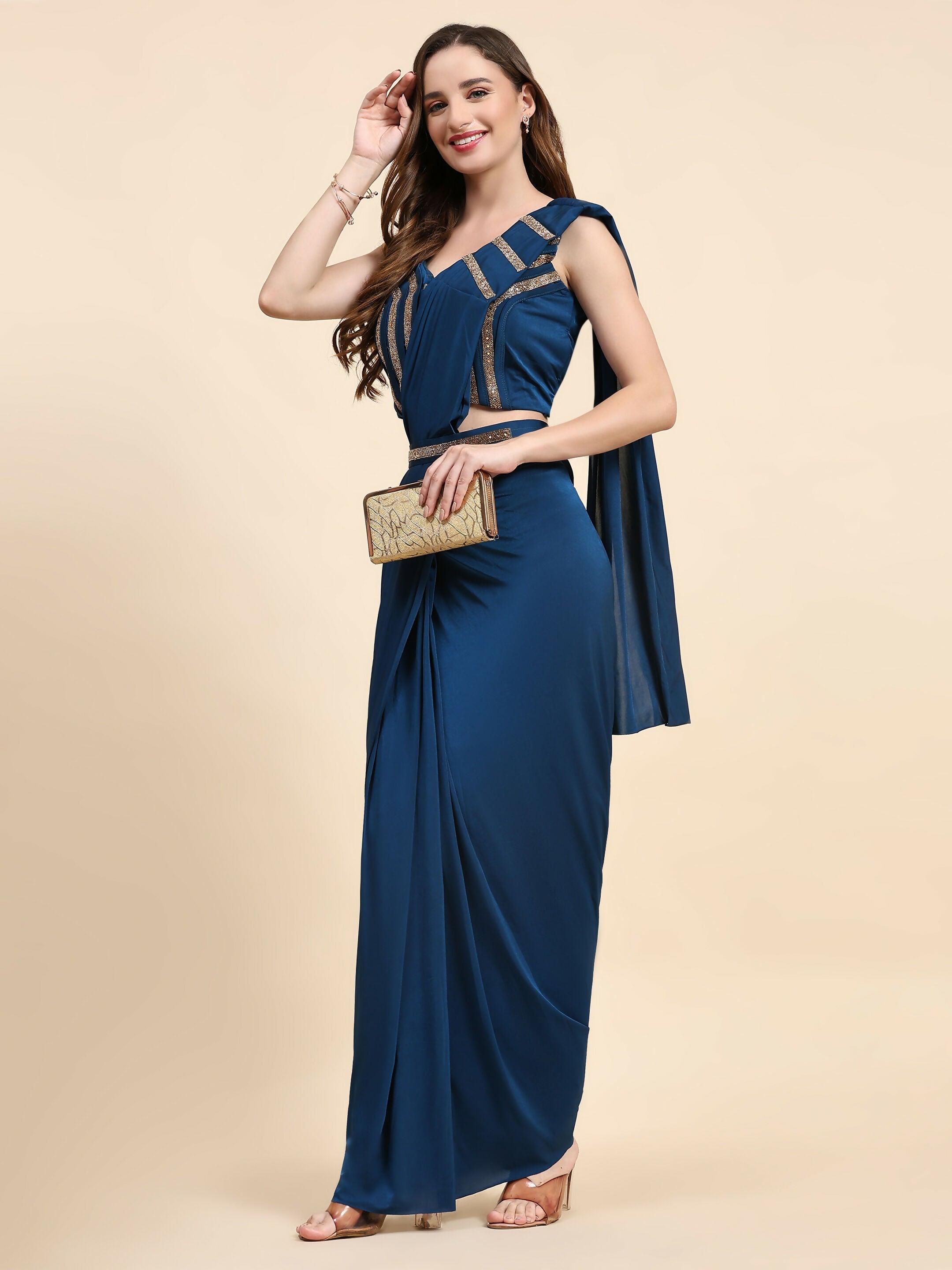 Blue Polyester Solid Ready to Wear Saree with stitched Blouse - Nita
