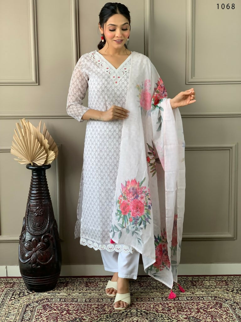 Partywear Designer Linen Cotton with cotton lining Offwhite Stitched Suit With Dupatta - Tanisha