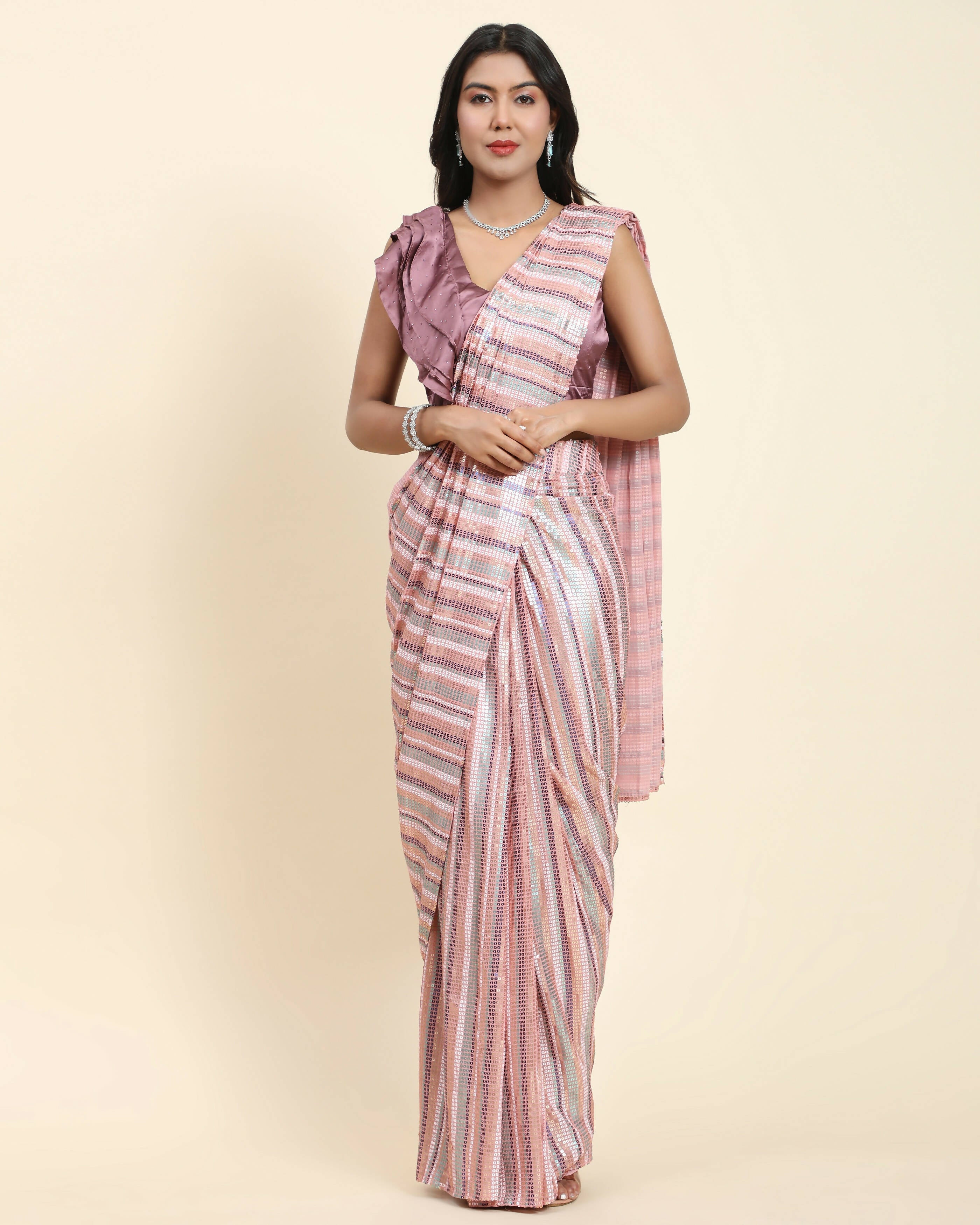Pink Pure Georgette Sequence work Ready to wear Saree with stitched Blouse - Satiksha