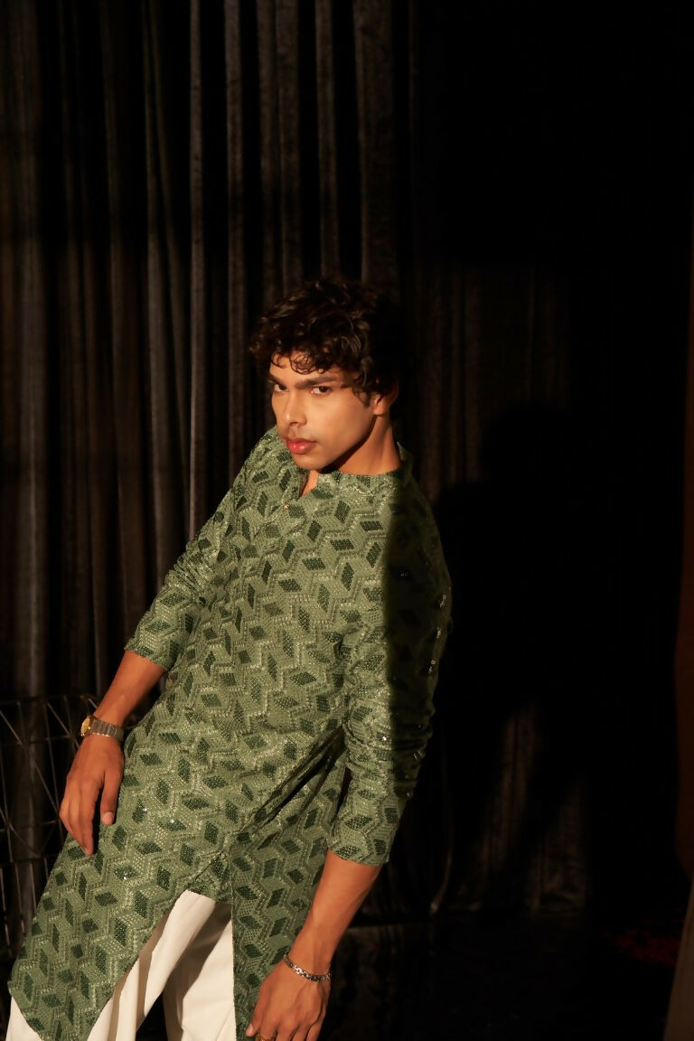 Green viscose Chikankari Embroidery Work Men's Traditional Kurta Set - Mahotsav