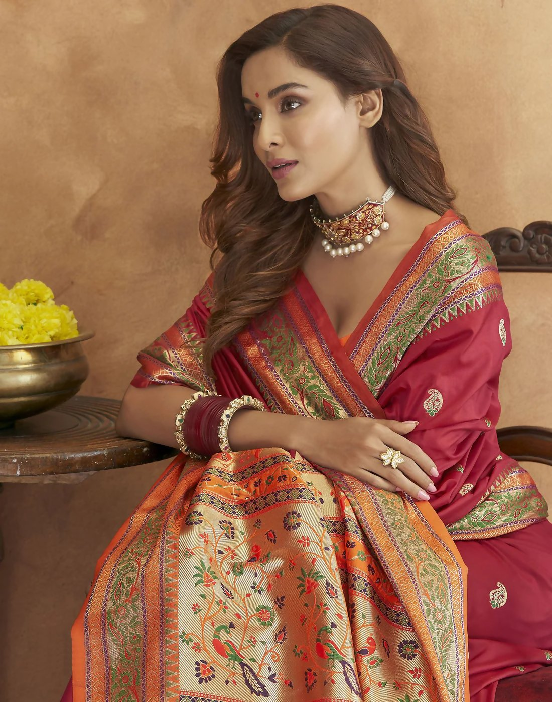 Vastranavya Maroon Soft Paithani Silk Saree With Gold Zari Weaving Motifs With Matching Blouse Fabric