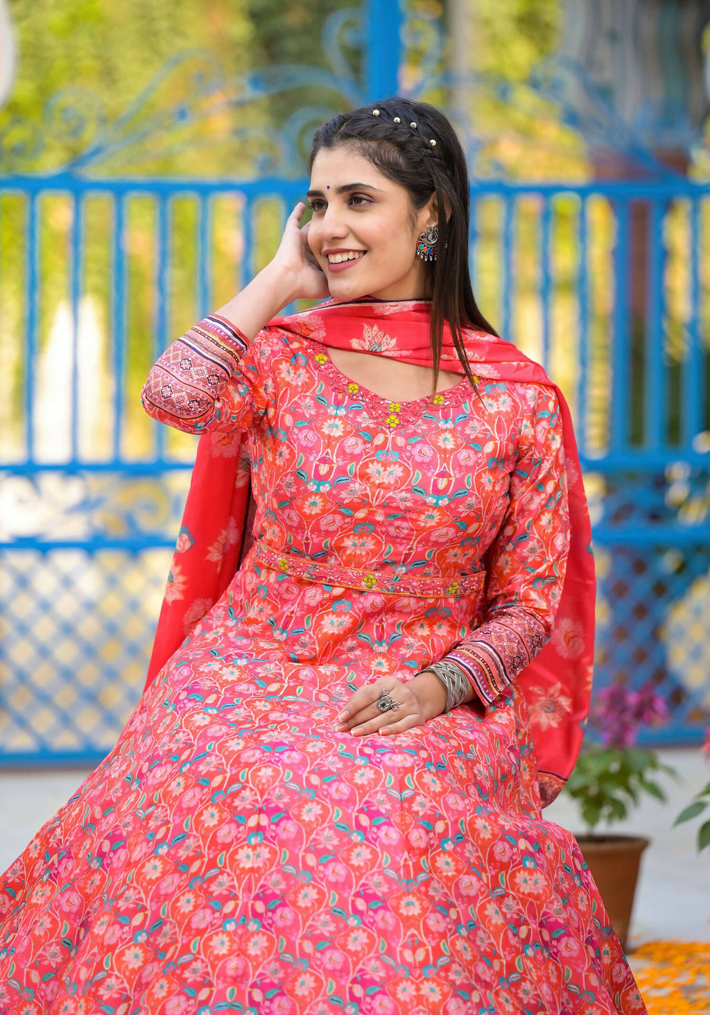 Functional Designer Red-Orange Dola Silk Anarkali suit with Dupatta - Ramya