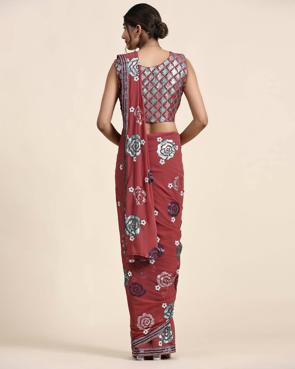 Peach Pure Georgette Sequence work Ready to wear Saree with stitched Blouse - Nirvana