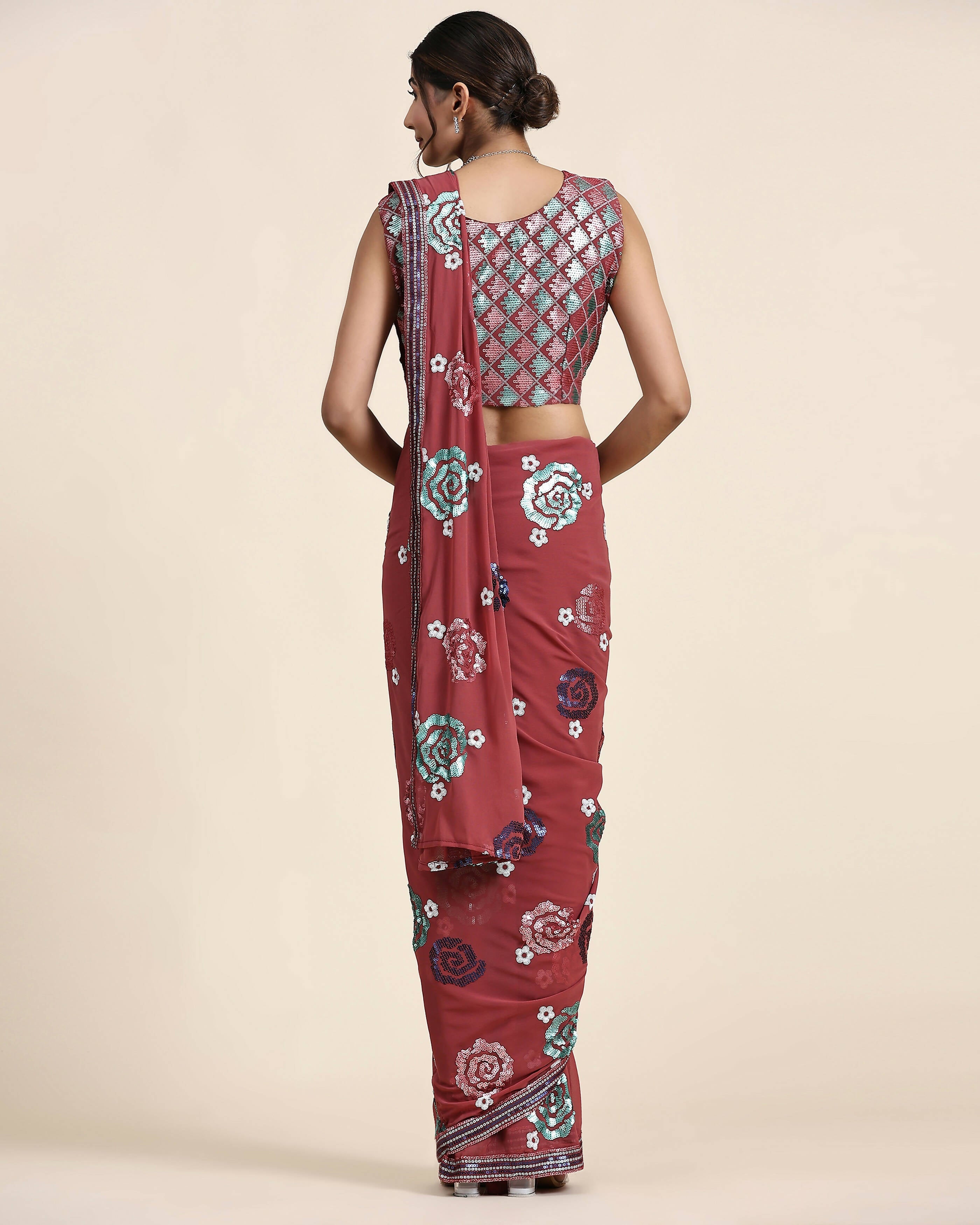 Peach Pure Georgette Sequence work Ready to wear Saree with stitched Blouse - Nirvana