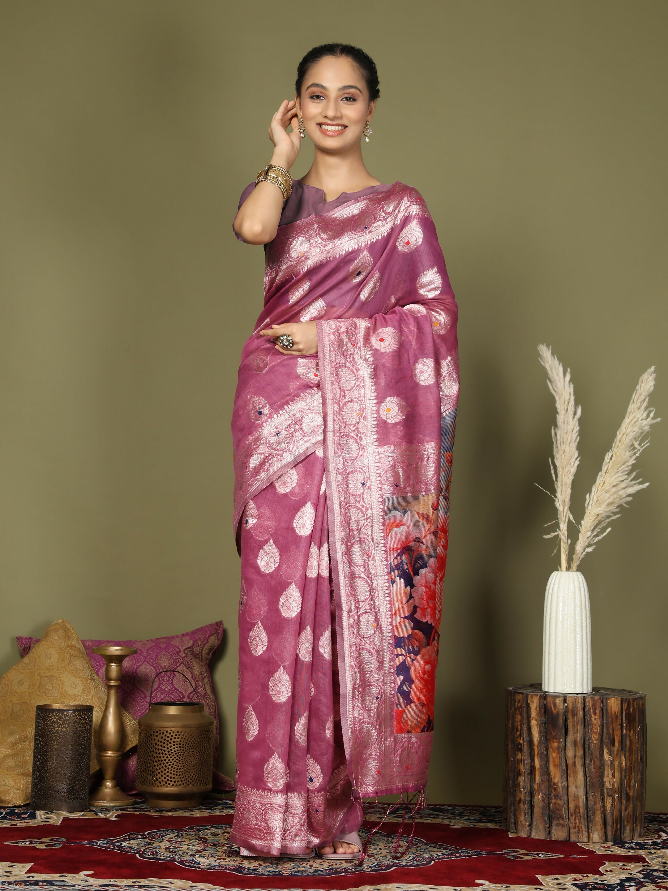 Shree Shyam Fashion Linen Cotton Pink Saree