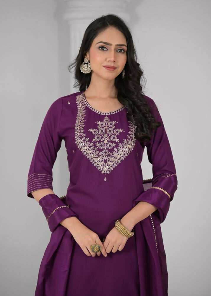 Ethnic Festive Wear Reyon Wine Stitched Suit With Dupatta - Tanisha