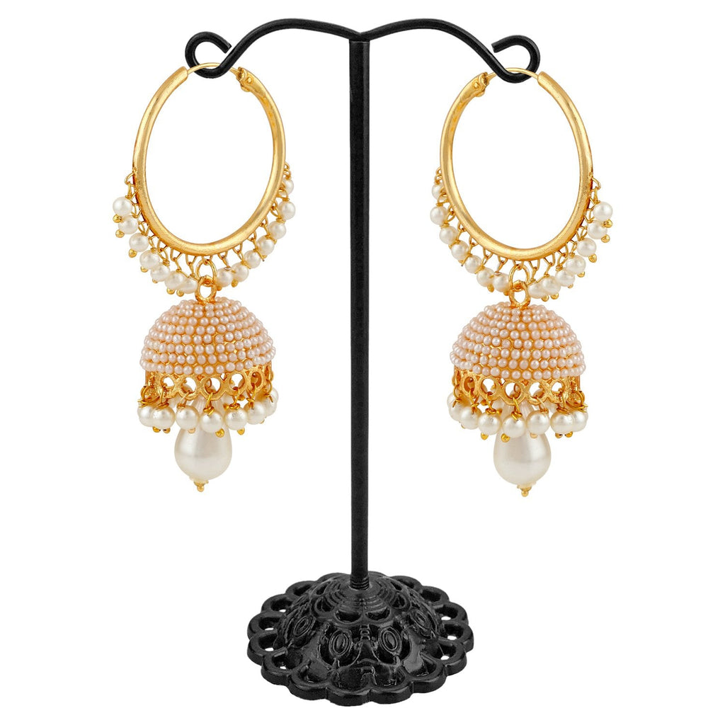 Gold-Polished Alloy Pearl Studded Round Hoop Jhumki Earrings - The Pari