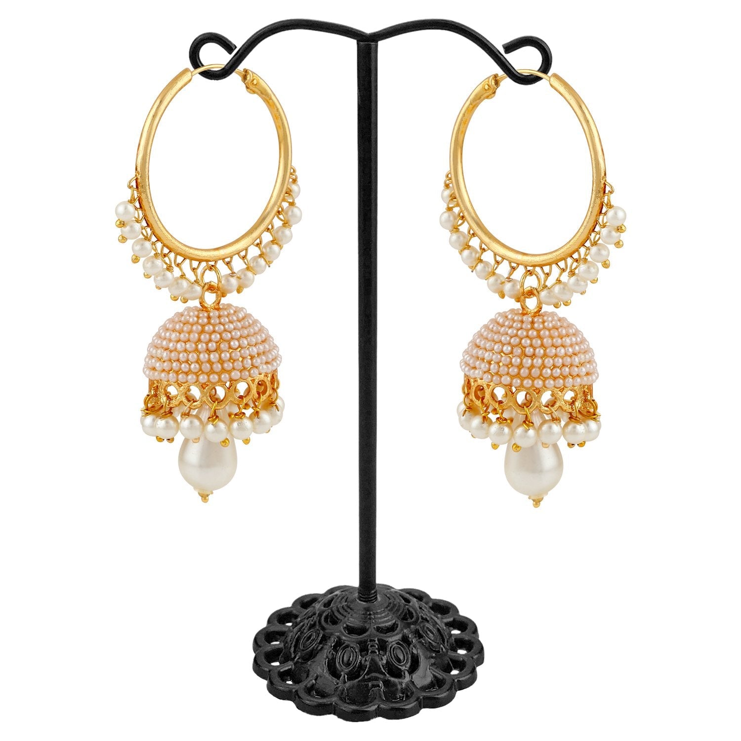 Gold-Polished Alloy Pearl Studded Round Hoop Jhumki Earrings - The Pari